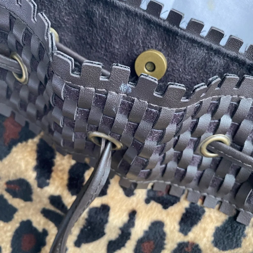 LANCOME Leopard Print Faux Fur Tote with Leather Edge  Leather Tassel Drawstring